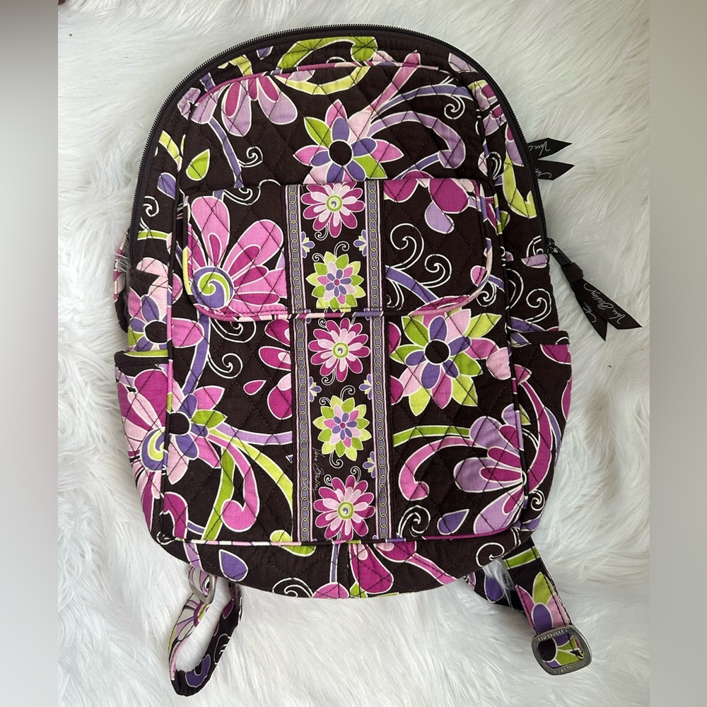 Vera Bradley Purple Punch Quilted Backpack Purple Flowers Green Pink Swirls